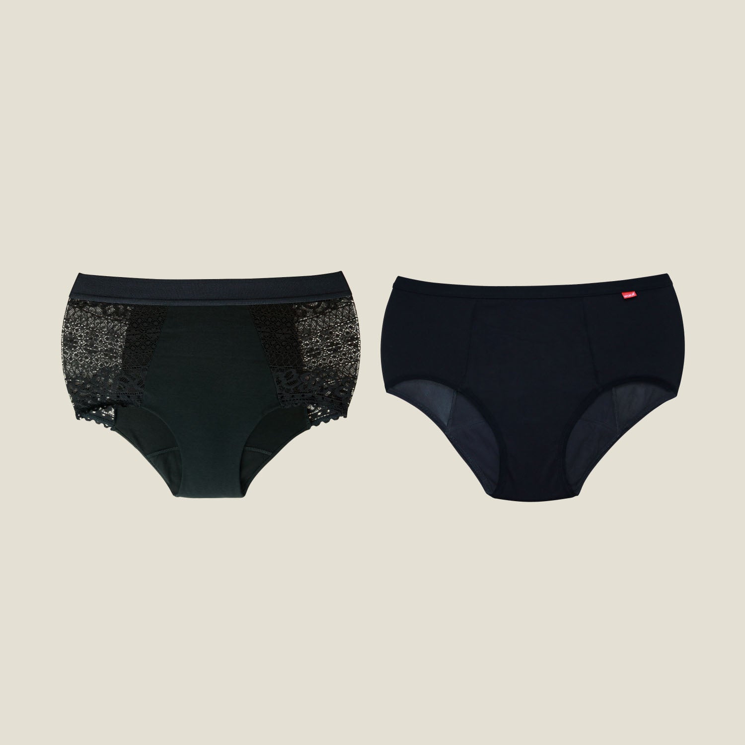 Front view of the WUKA Ultimate™ High Waist Duo for heavy flow, featuring two pairs of leak-proof period underwear – one with breathable mesh panels and one with lace detailing, designed for maximum comfort and coverage.