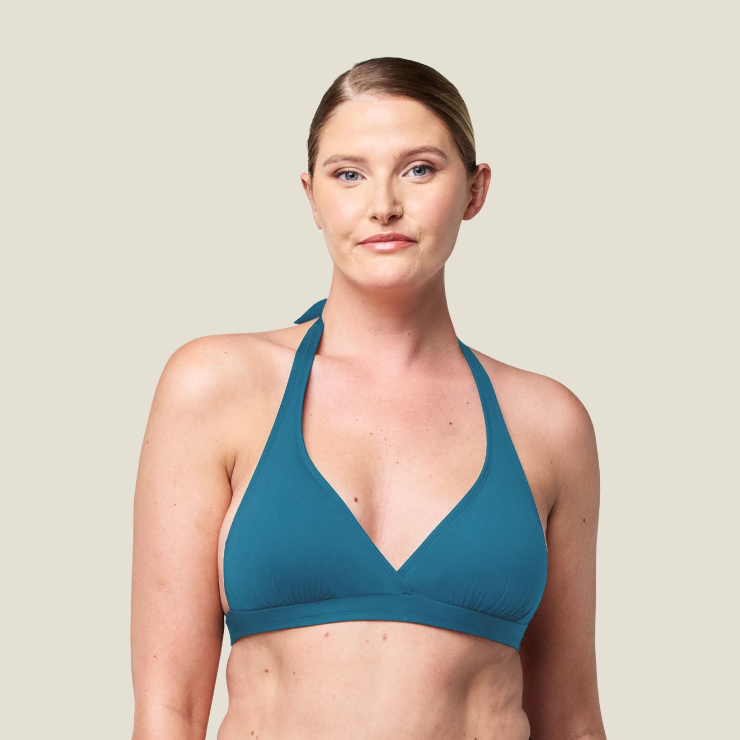 Close-up front view of WUKA Tie-Back Bikini Top in blue, featuring triangle cups and adjustable halter tie for a supportive fit.