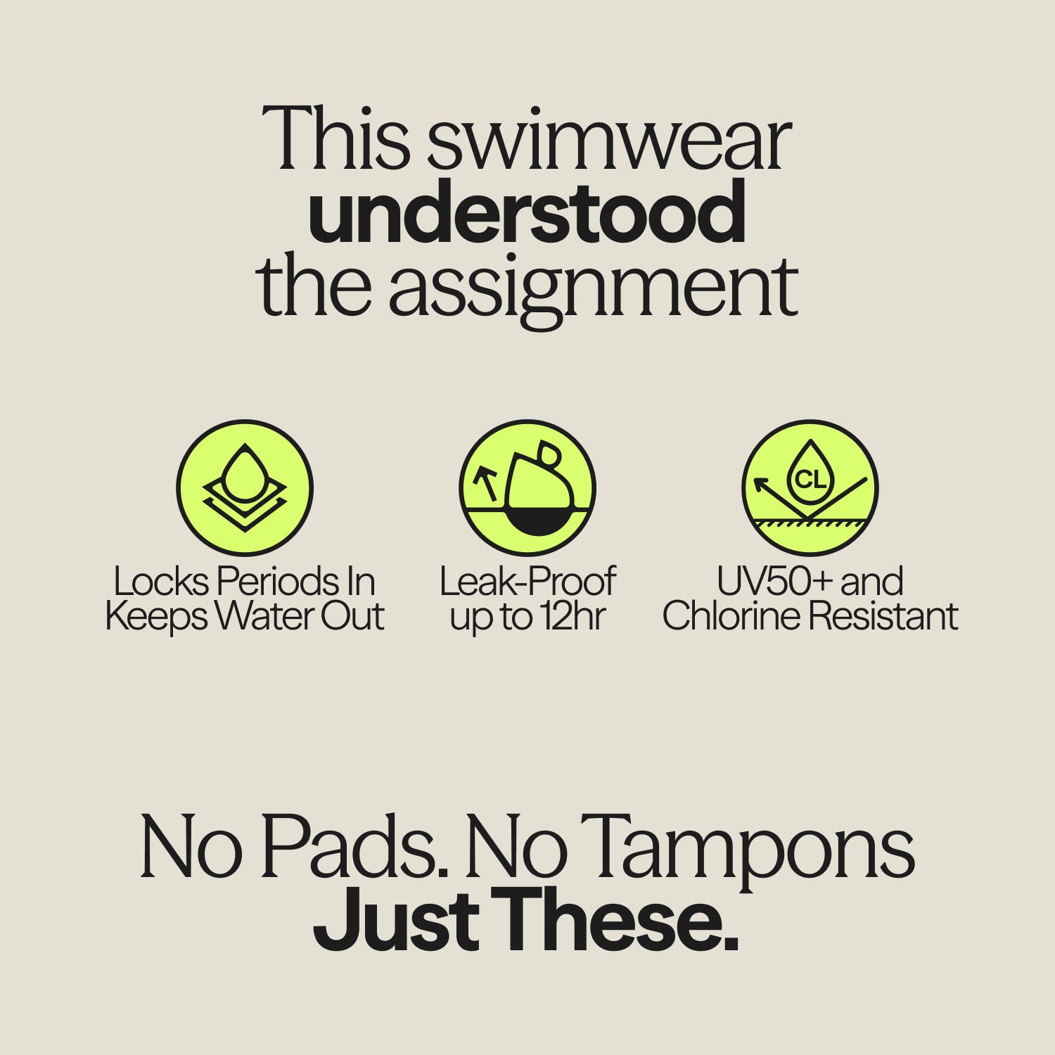 Graphic showing features of WUKA Teen Period Swimwear: locks periods in, leak-proof up to 12 hours, UV50+ sun protection, and chlorine resistance.