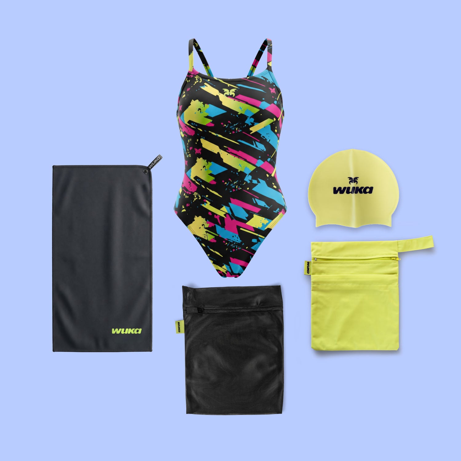 WUKA Lunafly Competition Tie-Back swim kit — period swimsuit, swim cap, microfibre towel and bags