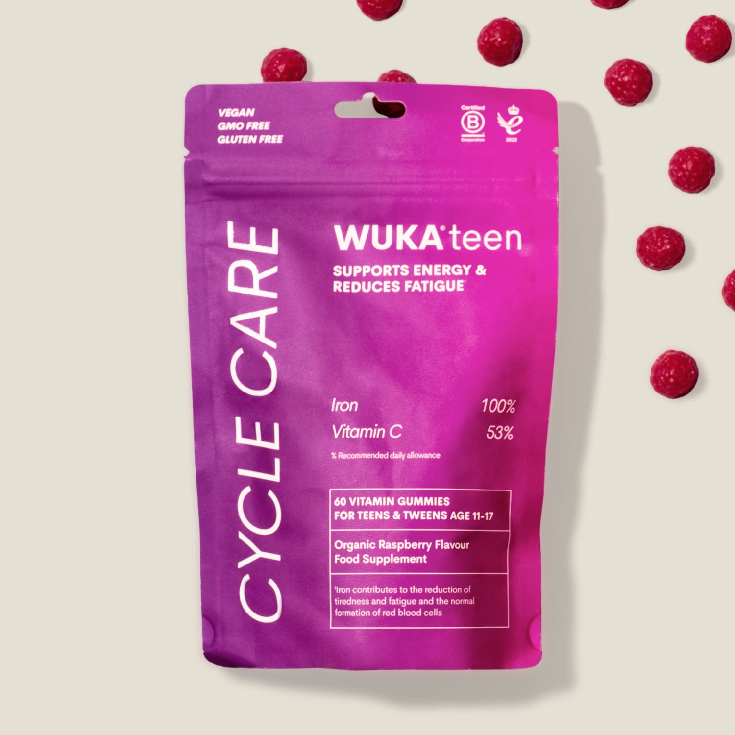 Front view of WUKA Teen Iron Support Gummies pouch in raspberry flavour – 60 vegan gummies for teens, with iron and vitamin C.