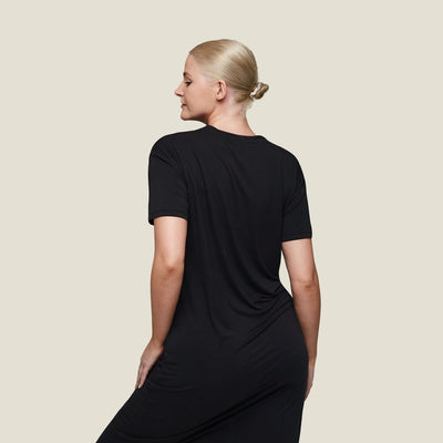 Rear view of WUKA Pyjama Jersey T-Shirt Dress, highlighting relaxed fit and drape of menopause cooling nightwear.