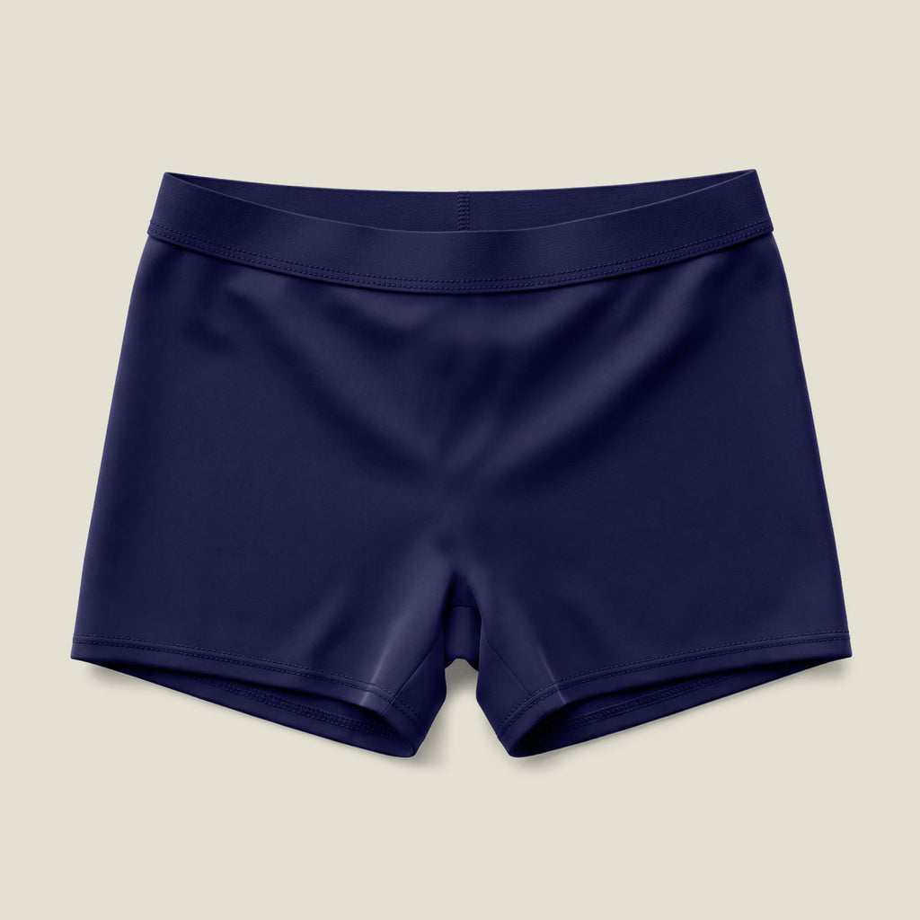 Navy period-proof swim shorts for women with leak-proof absorbent protection for swimming