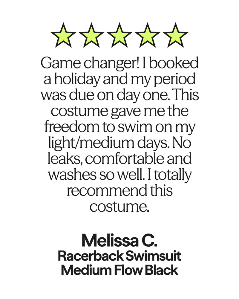 Five-star review for a racerback period swimsuit with text praising its comfort and performance.