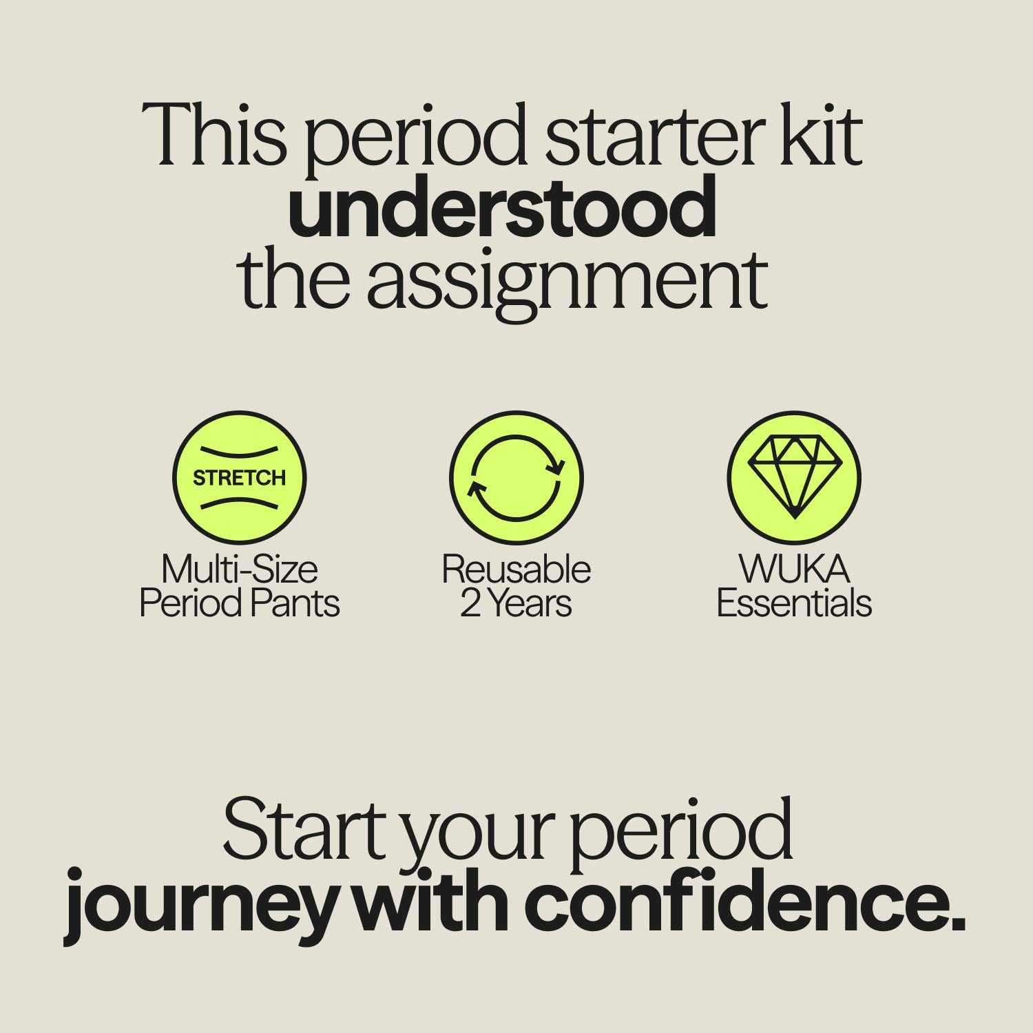Illustrated card highlighting WUKA Period Starter Kit benefits: multi-size stretch period pants, reusable for 2 years, and essentials for period confidence.