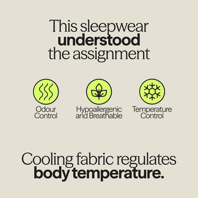 WUKA sleepwear benefits graphic with icons for odour control, breathability, and temperature regulation – designed for menopause.
