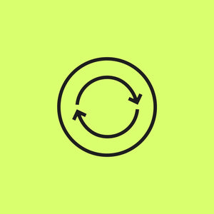 Black circular reuse arrows icon on neon lime punch background – representing WUKA’s reusable period products that last 2+ years, helping you save money and reduce waste, featured on the Sublime Day landing page.
