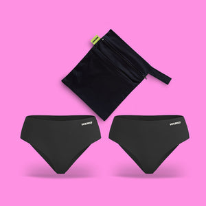 Teen Stretch™ period school sets showing two teen Stretch™ period pants and a changing bag. On a pink background, with a roundel saying from £29.98