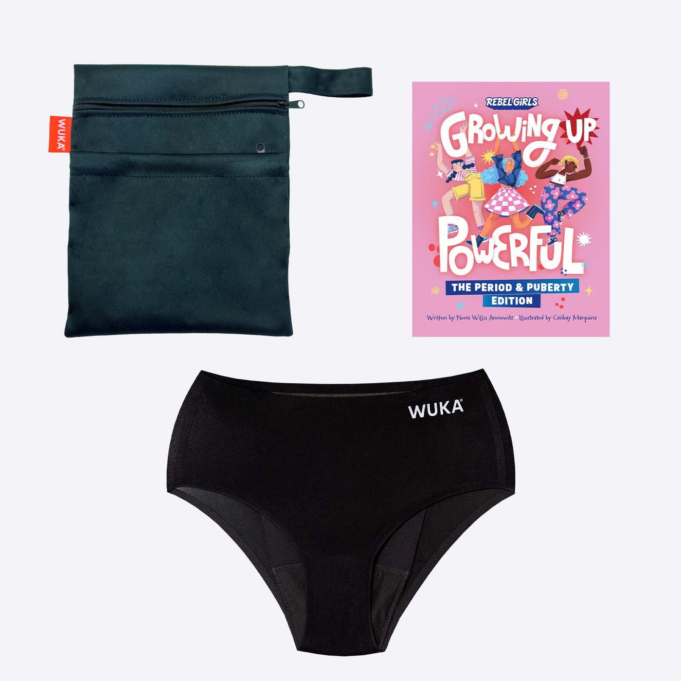 WUKA First Period Pack - Stretch Style - Super Heavy Absorbency - Black Colour - Rebel Girls Growing Up Powerful