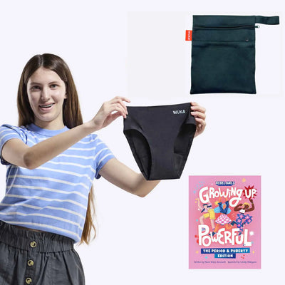 WUKA First Period Pack - Stretch Style - Super Heavy Absorbency - Black Colour - Pack Rebel Girls Growing Up Powerful