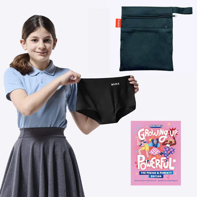 WUKA First Period Pack - Boxer Short Style - Heavy Absorbency - Black Colour - Rebel Girls Growing Up Powerful - Teen Model