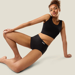 WUKA Teen Stretch™ period pants worn by model, independently PFAs tested with no added chemicals, safe reusable period underwear for teens