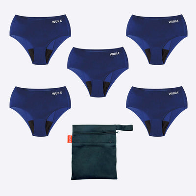 WUKA Teen Stretch Period Pants Bikini Brief Style Heavy Flow Blue 5 Pack