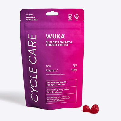 WUKA Cycle Care Iron Gummies in Raspberry flavour, vegan and gluten-free, designed to reduce fatigue and boost energy.