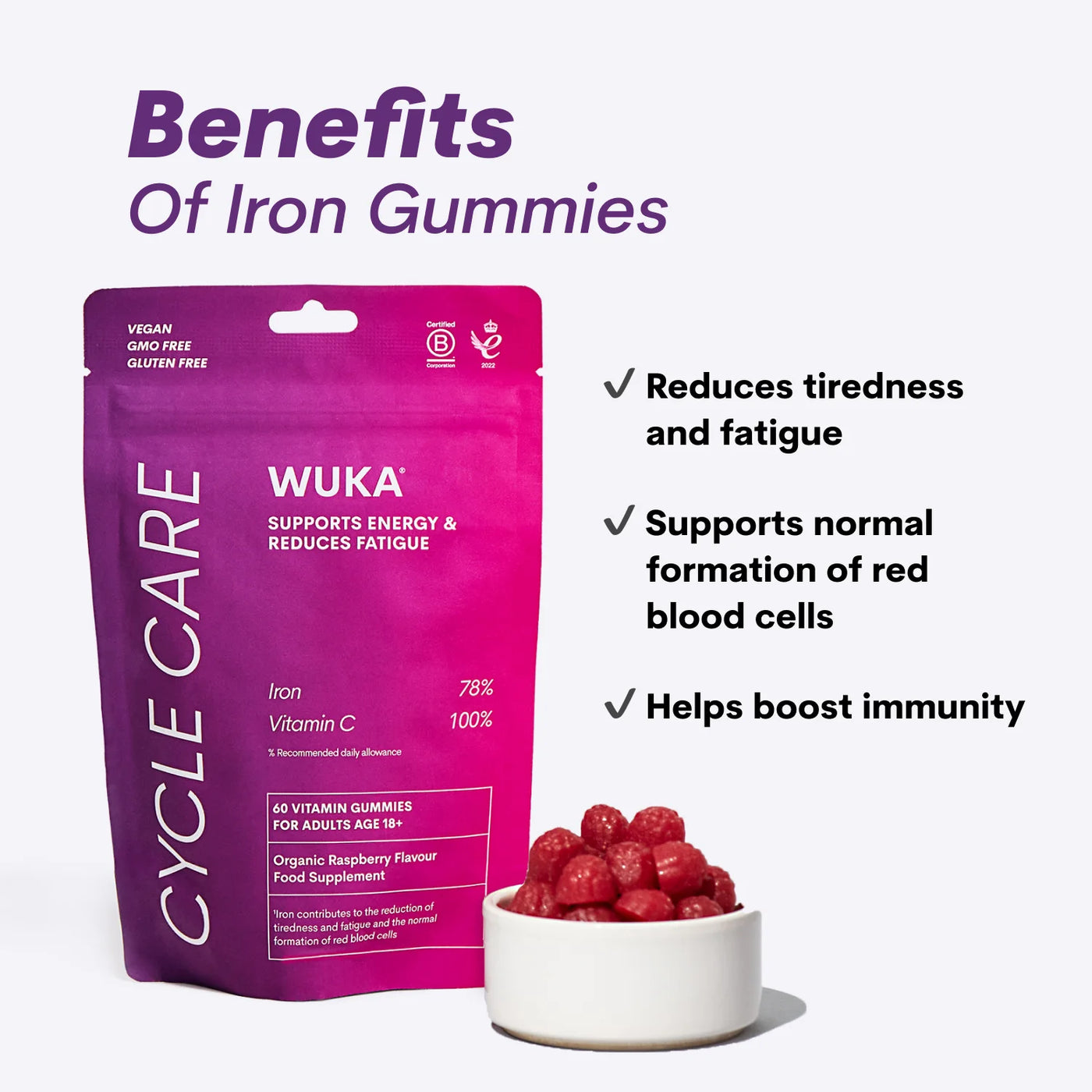 WUKA Cycle Care gummies benefits: reduce tiredness, support red blood cell formation, and boost immunity