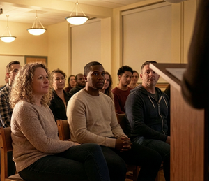 WUKA period education talk for parents featuring a diverse group of adults listening to a speaker discuss menstruation support for their children